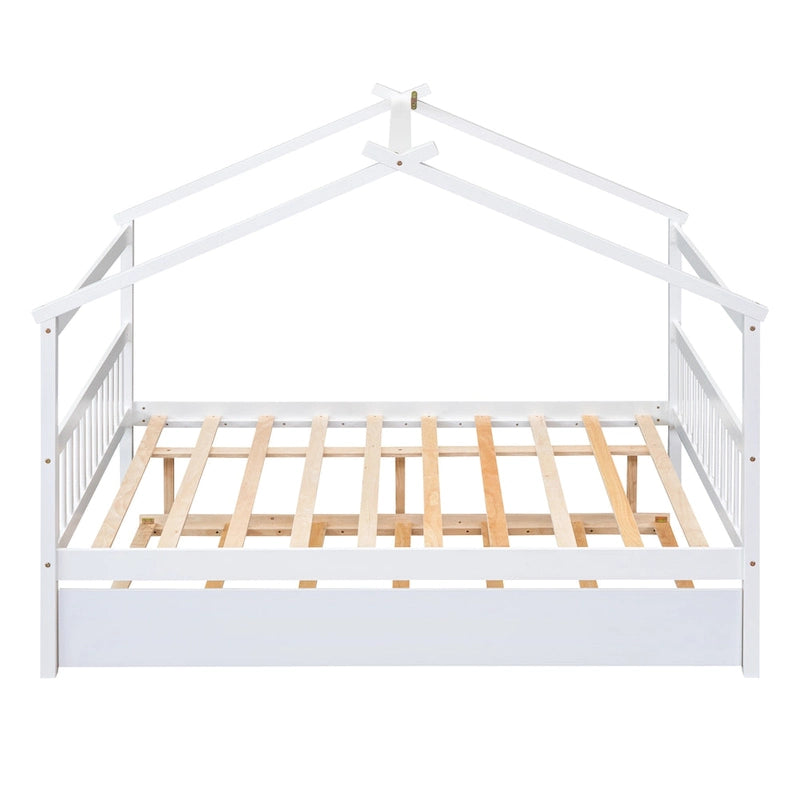 Lit de repos en forme de maison avec lit gigogne double, taille double, pour 2 personnes, blanc/noyer/naturel/gris