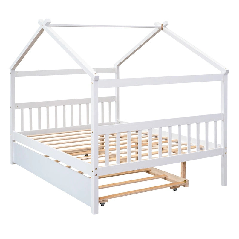 Lit de repos en forme de maison avec lit gigogne double, taille double, pour 2 personnes, blanc/noyer/naturel/gris
