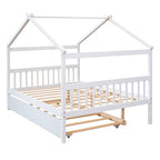 Lit de repos en forme de maison avec lit gigogne double, taille double, pour 2 personnes, blanc/noyer/naturel/gris