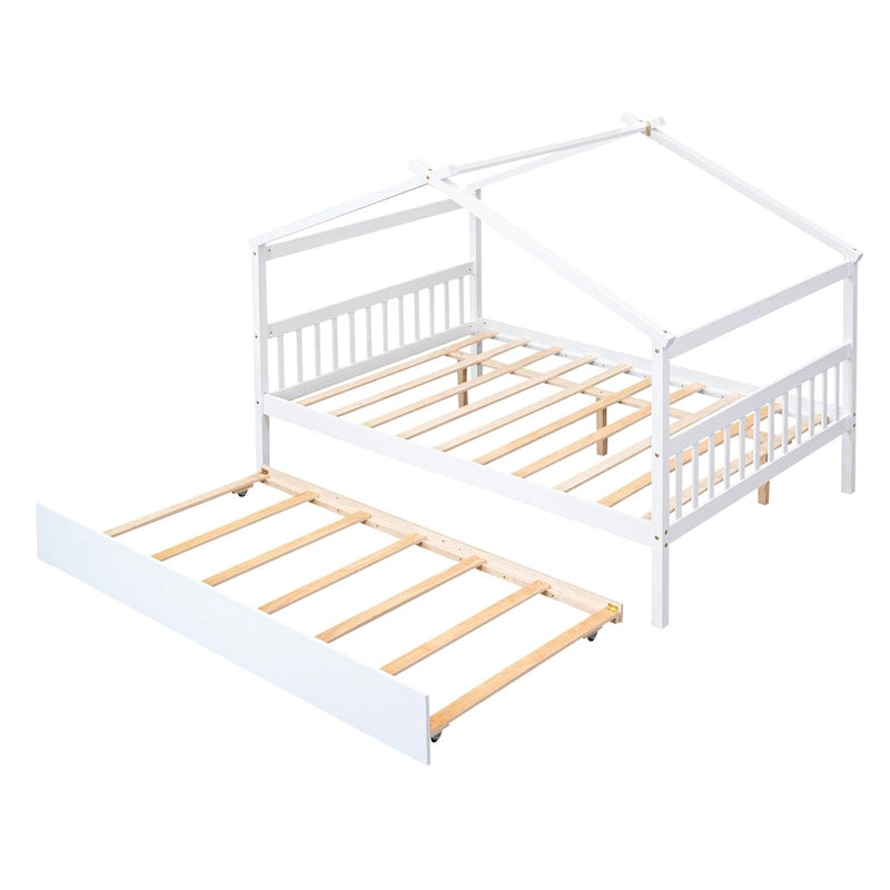 Lit de repos en forme de maison avec lit gigogne double, taille double, pour 2 personnes, blanc/noyer/naturel/gris