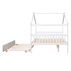 Lit de repos en forme de maison avec lit gigogne double, taille double, pour 2 personnes, blanc/noyer/naturel/gris