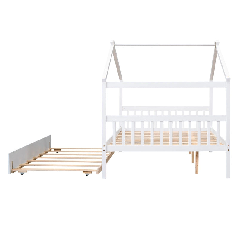 Lit de repos en forme de maison avec lit gigogne double, taille double, pour 2 personnes, blanc/noyer/naturel/gris
