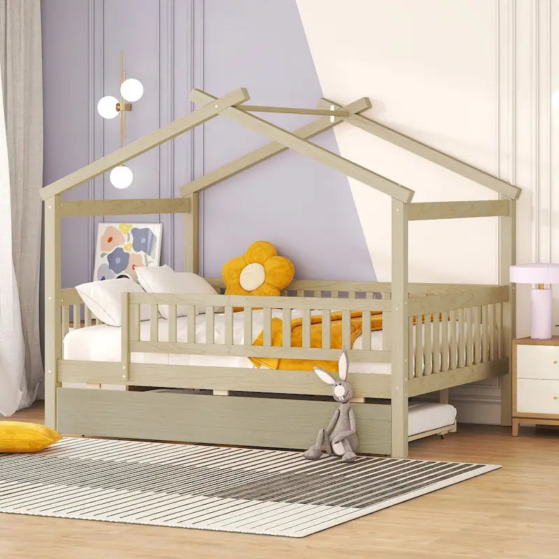 Lit de repos en forme de maison avec lit gigogne double, taille double, pour 2 personnes, blanc/noyer/naturel/gris