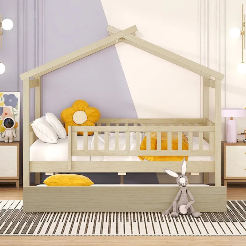Lit de repos en forme de maison avec lit gigogne double, taille double, pour 2 personnes, blanc/noyer/naturel/gris