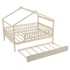 Lit de repos en forme de maison avec lit gigogne double, taille double, pour 2 personnes, blanc/noyer/naturel/gris
