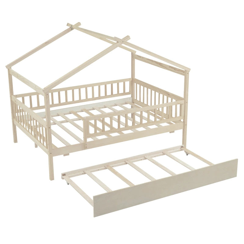 Lit de repos en forme de maison avec lit gigogne double, taille double, pour 2 personnes, blanc/noyer/naturel/gris