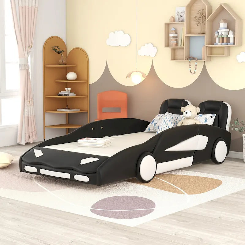 Lit plateforme en forme de voiture de course noir/blanc, jumeau, 1 personne