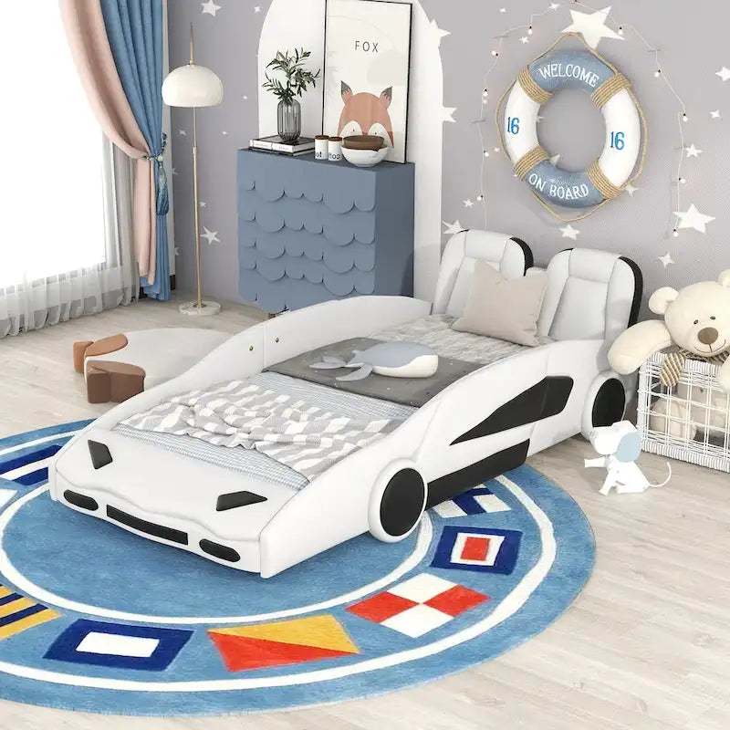 Lit plateforme en forme de voiture de course noir/blanc, jumeau, 1 personne