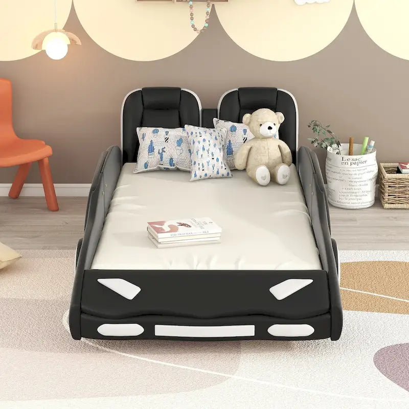 Lit plateforme en forme de voiture de course noir/blanc, jumeau, 1 personne