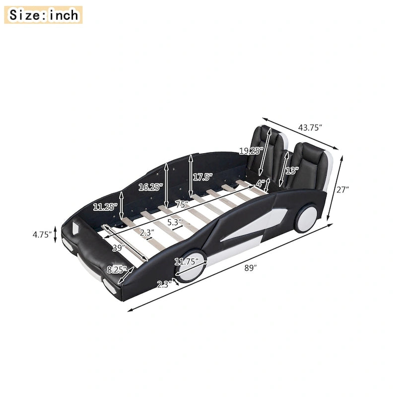 Lit plateforme en forme de voiture de course noir/blanc, jumeau, 1 personne