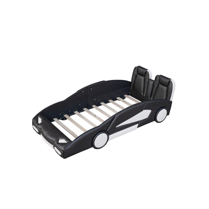 Lit plateforme en forme de voiture de course noir/blanc, jumeau, 1 personne