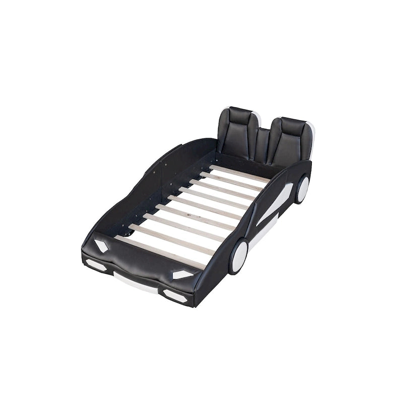 Lit plateforme en forme de voiture de course noir/blanc, jumeau, 1 personne