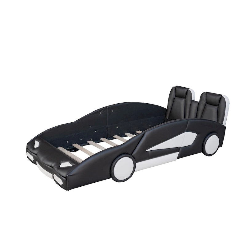Lit plateforme en forme de voiture de course noir/blanc, jumeau, 1 personne