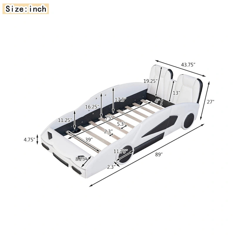 Lit plateforme en forme de voiture de course noir/blanc, jumeau, 1 personne