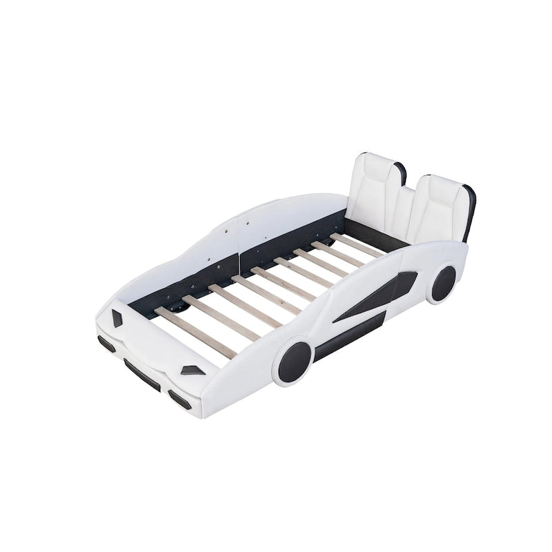 Lit plateforme en forme de voiture de course noir/blanc, jumeau, 1 personne