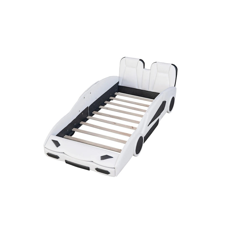 Lit plateforme en forme de voiture de course noir/blanc, jumeau, 1 personne