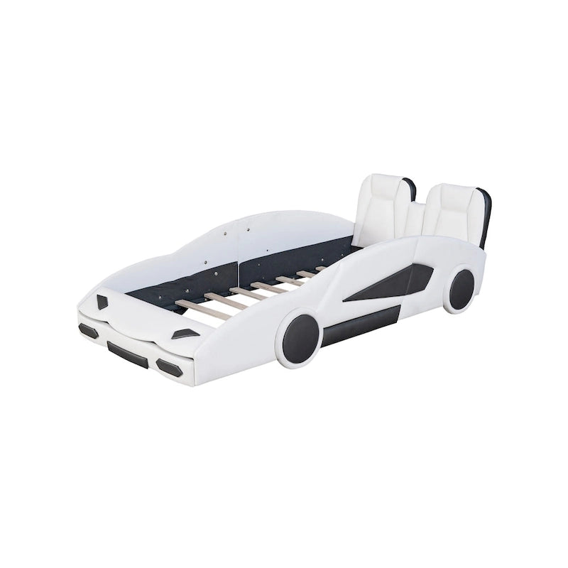 Lit plateforme en forme de voiture de course noir/blanc, jumeau, 1 personne