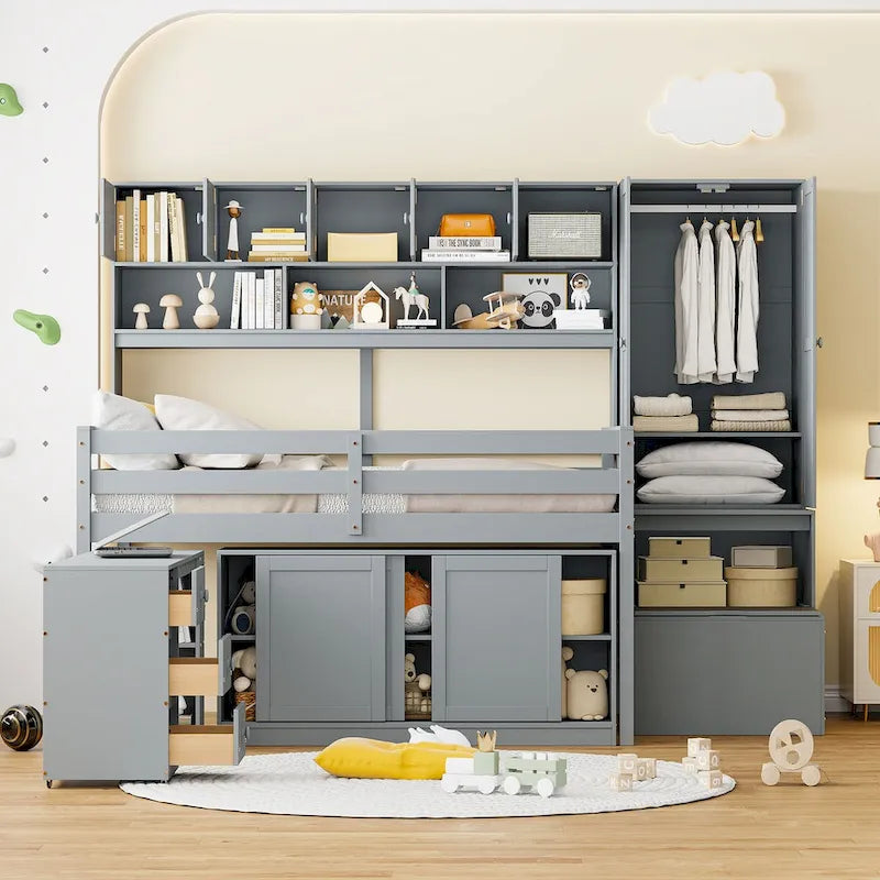 Full Size Wooden Loft Bed Big Storage with Under-bed Desk,with Drawers and Shelves,Space-Saving Design for Kids Boys&Girls
