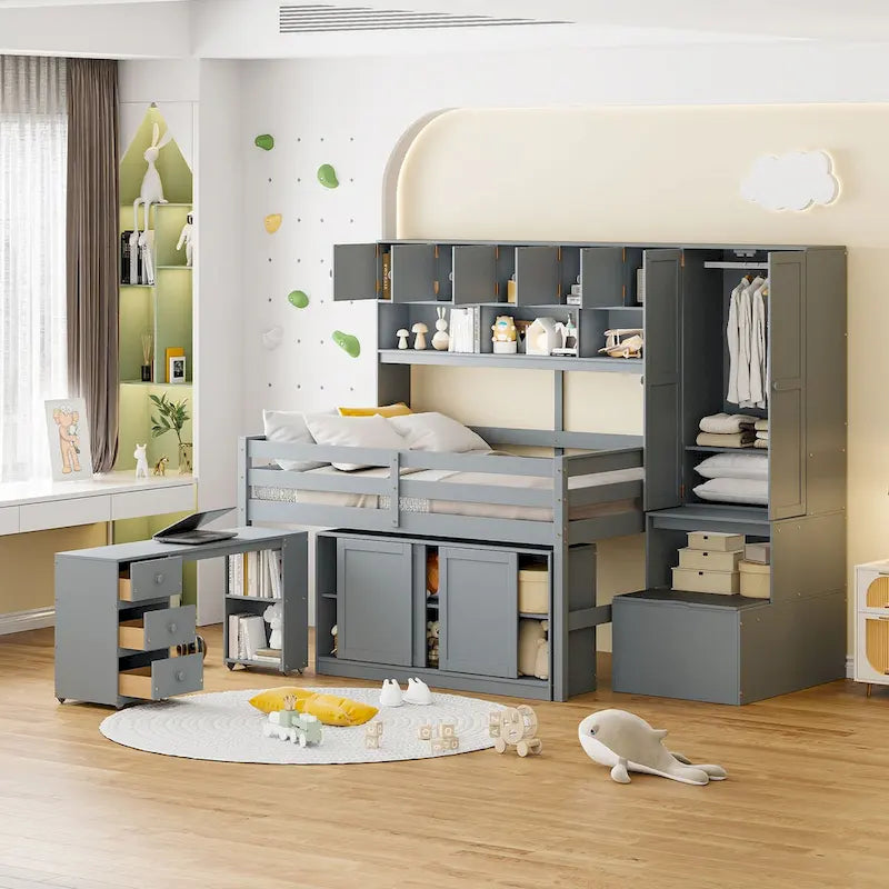 Lit mezzanine pleine taille avec bureau, tiroirs et étagères – Gris/Blanc, assemblage par 2 personnes