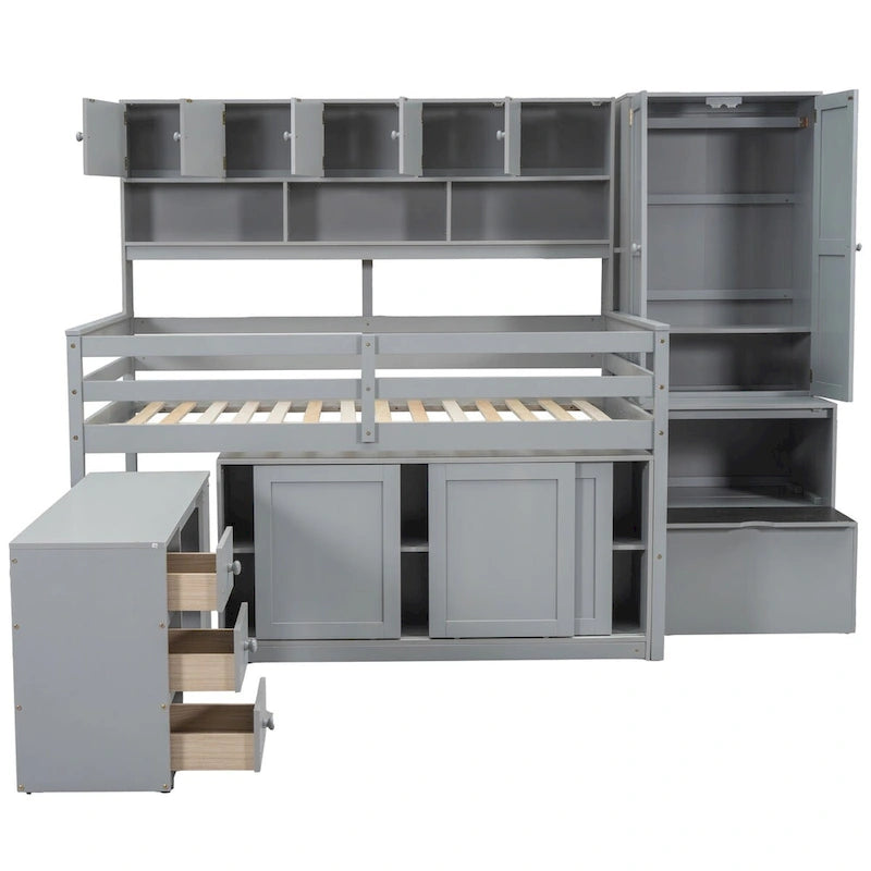 Lit mezzanine pleine taille avec bureau, tiroirs et étagères – Gris/Blanc, assemblage par 2 personnes