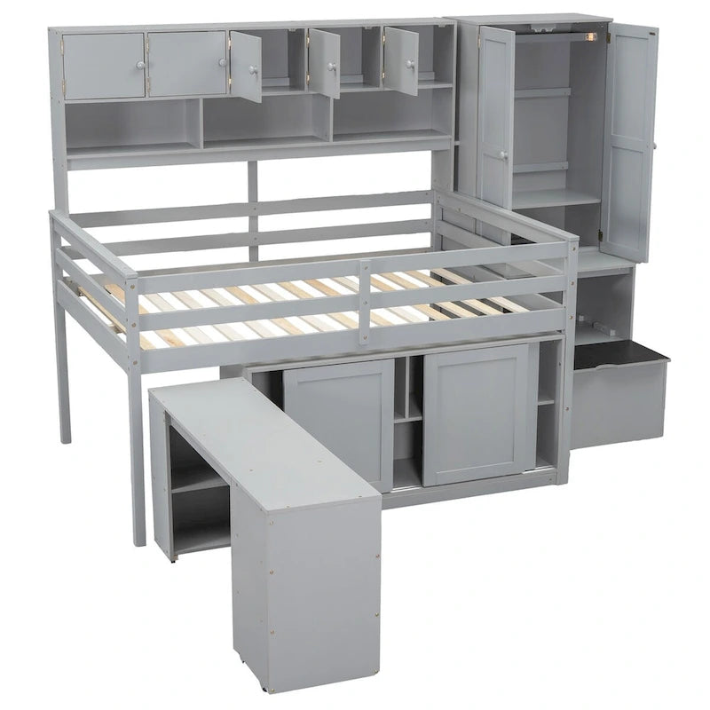 Lit mezzanine pleine taille avec bureau, tiroirs et étagères – Gris/Blanc, assemblage par 2 personnes