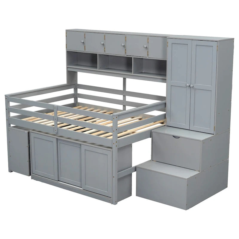Lit mezzanine pleine taille avec bureau, tiroirs et étagères – Gris/Blanc, assemblage par 2 personnes