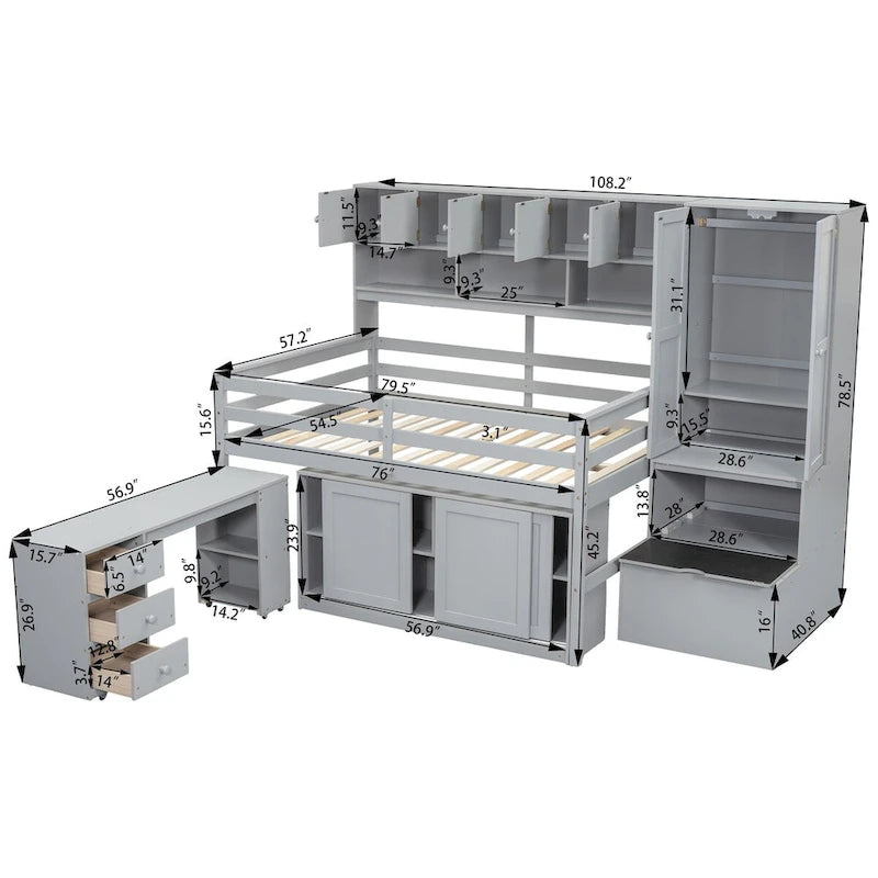 Lit mezzanine pleine taille avec bureau, tiroirs et étagères – Gris/Blanc, assemblage par 2 personnes