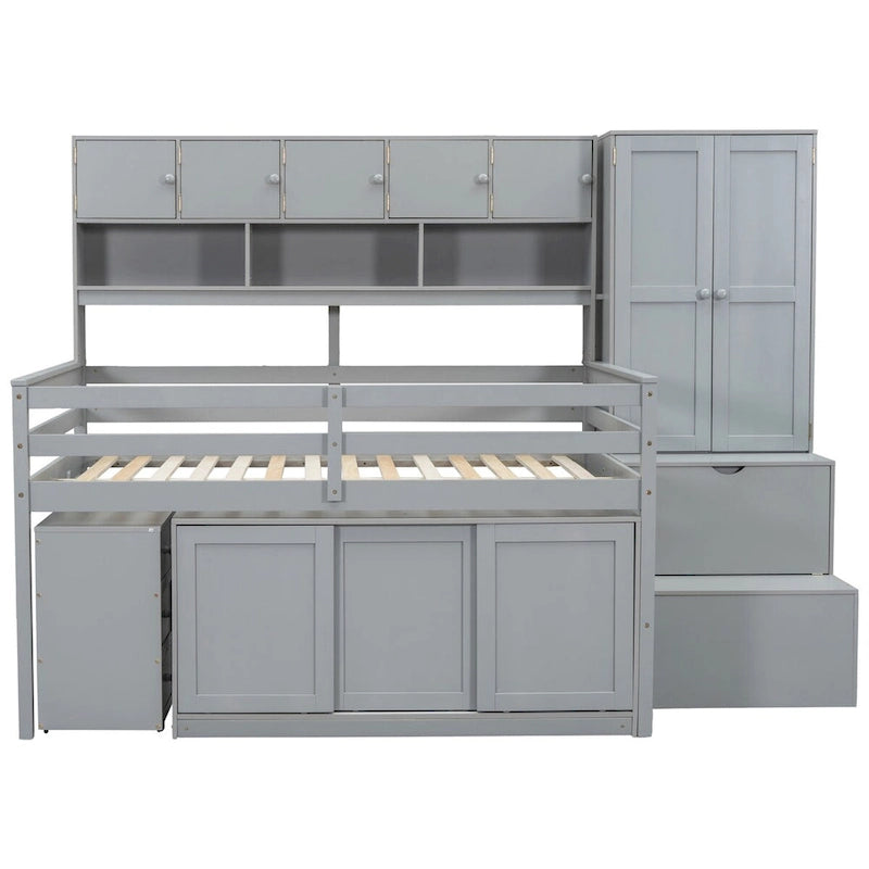 Lit mezzanine pleine taille avec bureau, tiroirs et étagères – Gris/Blanc, assemblage par 2 personnes