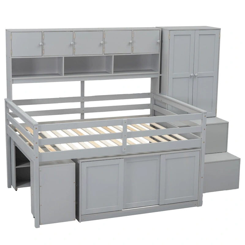 Lit mezzanine pleine taille avec bureau, tiroirs et étagères – Gris/Blanc, assemblage par 2 personnes