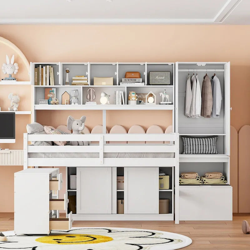 Lit mezzanine pleine taille avec bureau, tiroirs et étagères – Gris/Blanc, assemblage par 2 personnes