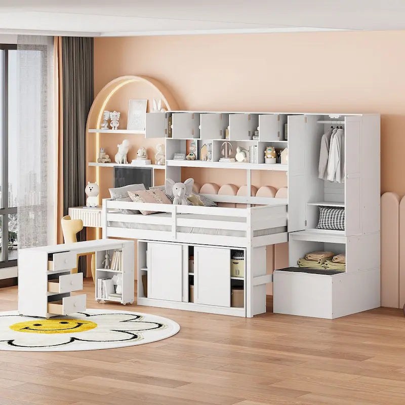 Lit mezzanine pleine taille avec bureau, tiroirs et étagères – Gris/Blanc, assemblage par 2 personnes