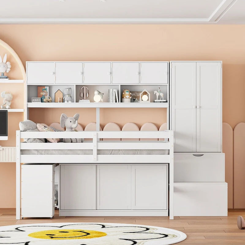 Lit mezzanine pleine taille avec bureau, tiroirs et étagères – Gris/Blanc, assemblage par 2 personnes