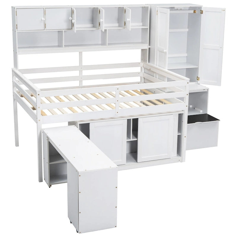 Lit mezzanine pleine taille avec bureau, tiroirs et étagères – Gris/Blanc, assemblage par 2 personnes