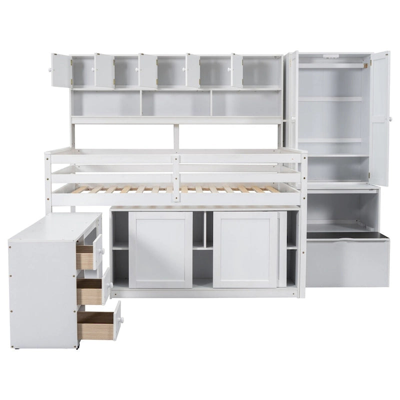 Lit mezzanine pleine taille avec bureau, tiroirs et étagères – Gris/Blanc, assemblage par 2 personnes