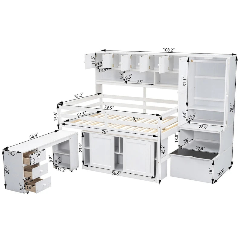 Lit mezzanine pleine taille avec bureau, tiroirs et étagères – Gris/Blanc, assemblage par 2 personnes
