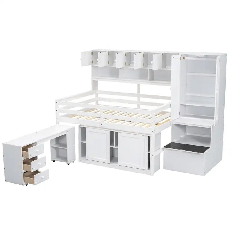 Lit mezzanine pleine taille avec bureau, tiroirs et étagères – Gris/Blanc, assemblage par 2 personnes