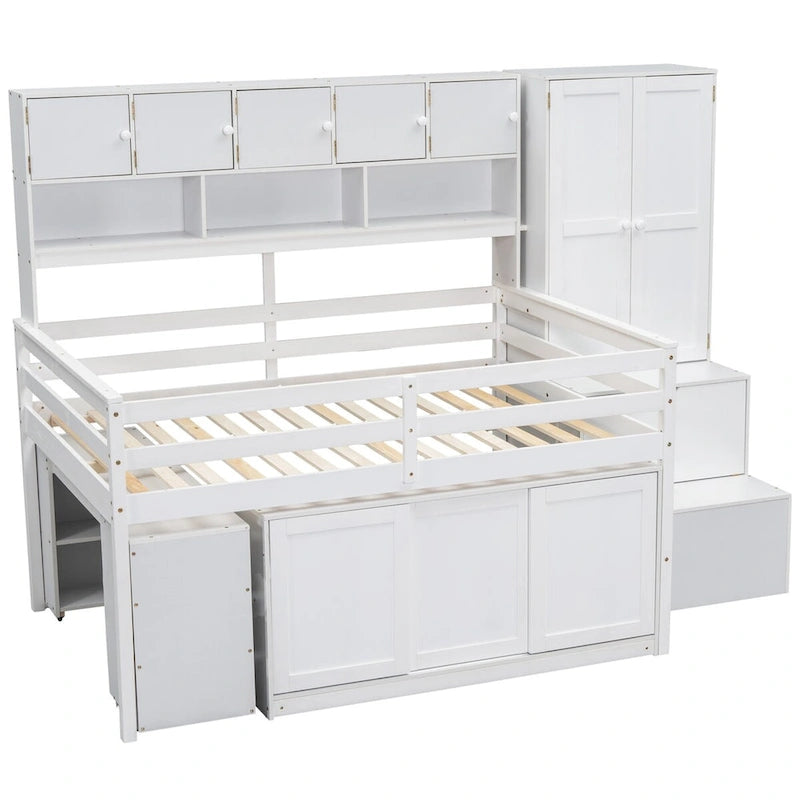 Lit mezzanine pleine taille avec bureau, tiroirs et étagères – Gris/Blanc, assemblage par 2 personnes