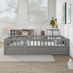 Cadre de lit enfant au sol complet gris/blanc avec barrière de sécurité et porte, pour 1 enfant