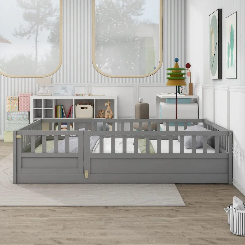 Cadre de lit enfant au sol complet gris/blanc avec barrière de sécurité et porte, pour 1 enfant
