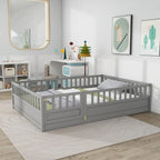 Cadre de lit enfant au sol complet gris/blanc avec barrière de sécurité et porte, pour 1 enfant