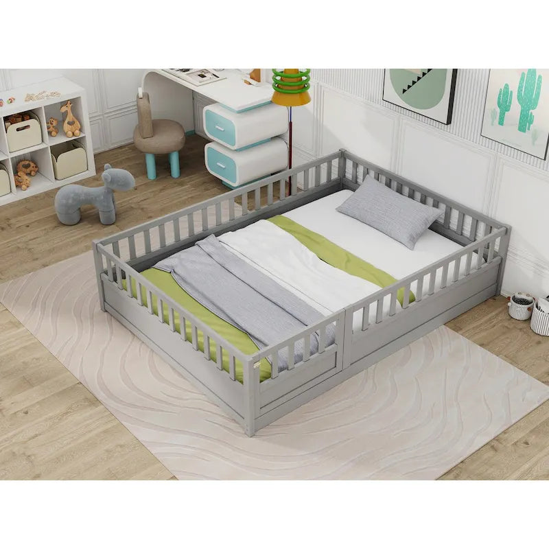 Cadre de lit enfant au sol complet gris/blanc avec barrière de sécurité et porte, pour 1 enfant
