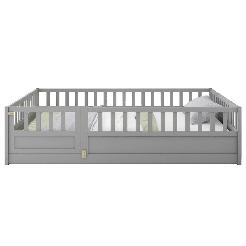 Cadre de lit enfant au sol complet gris/blanc avec barrière de sécurité et porte, pour 1 enfant