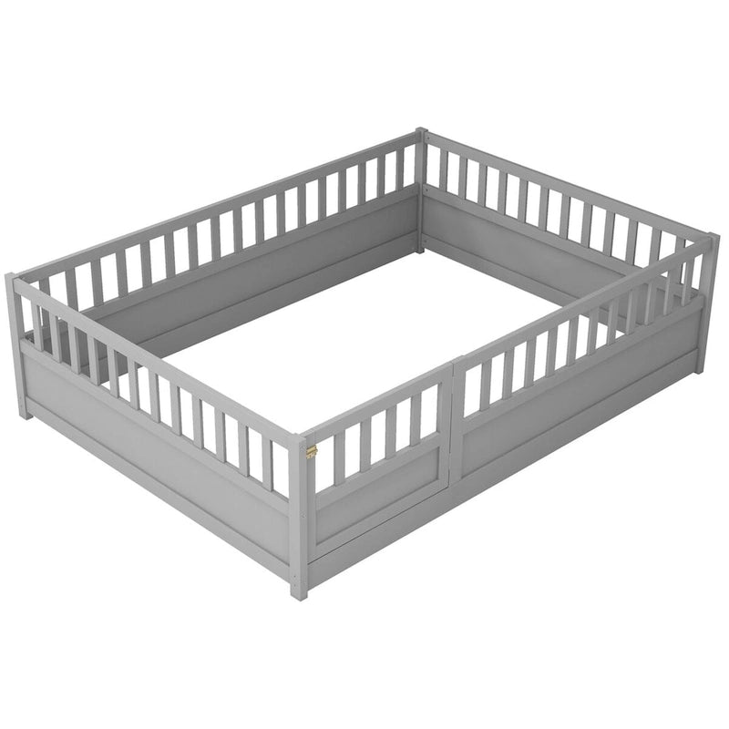 Cadre de lit enfant au sol complet gris/blanc avec barrière de sécurité et porte, pour 1 enfant