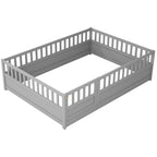 Cadre de lit enfant au sol complet gris/blanc avec barrière de sécurité et porte, pour 1 enfant