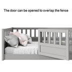 Cadre de lit enfant au sol complet gris/blanc avec barrière de sécurité et porte, pour 1 enfant