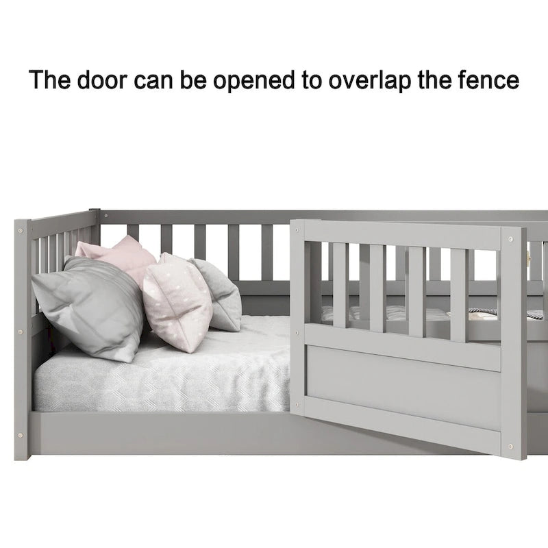 Cadre de lit enfant au sol complet gris/blanc avec barrière de sécurité et porte, pour 1 enfant