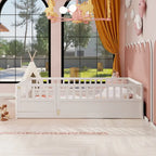 Cadre de lit enfant au sol complet gris/blanc avec barrière de sécurité et porte, pour 1 enfant
