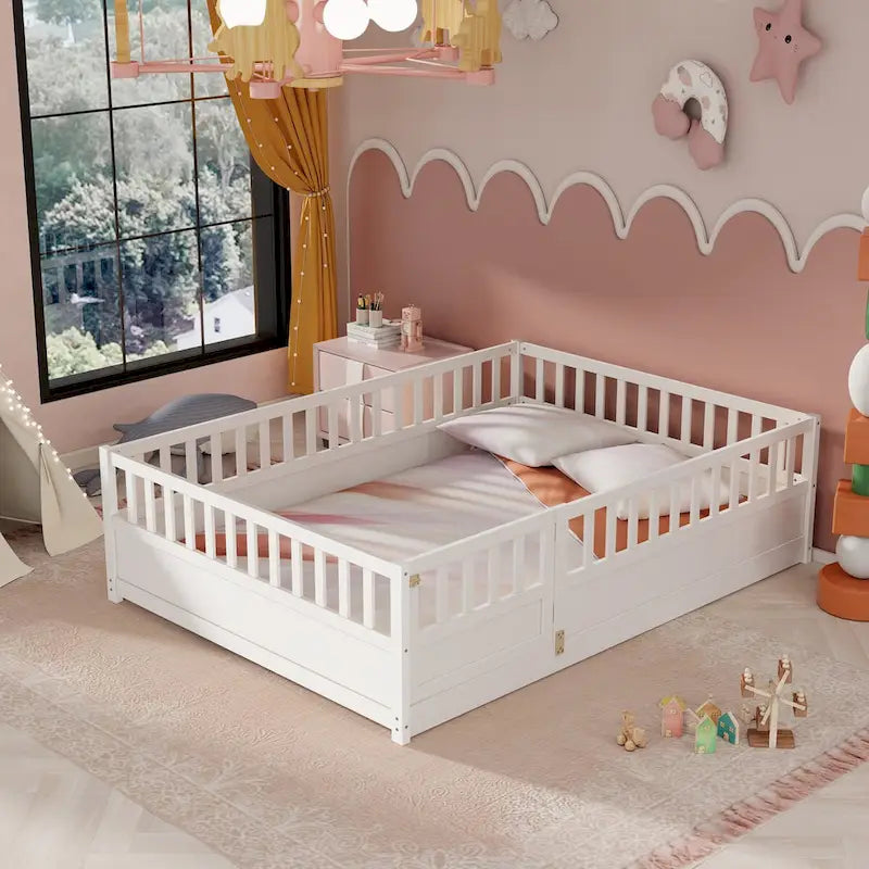 Cadre de lit enfant au sol complet gris/blanc avec barrière de sécurité et porte, pour 1 enfant