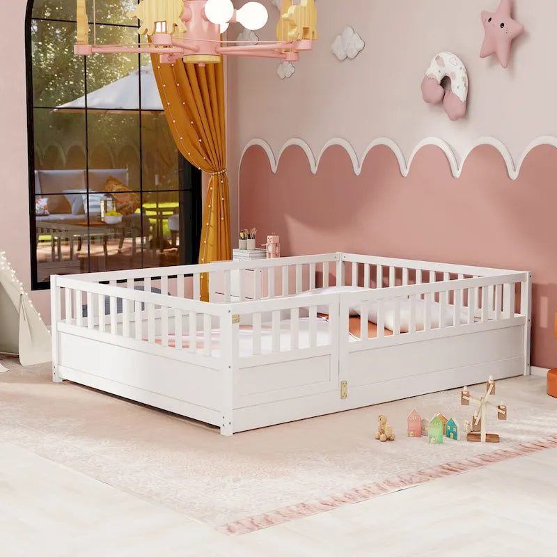 Cadre de lit enfant au sol complet gris/blanc avec barrière de sécurité et porte, pour 1 enfant