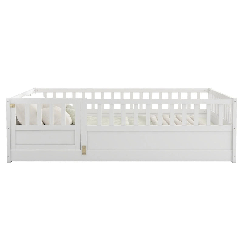 Cadre de lit enfant au sol complet gris/blanc avec barrière de sécurité et porte, pour 1 enfant